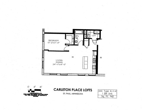 Floor plan for 1 bed, 1 bath, 942 sqft